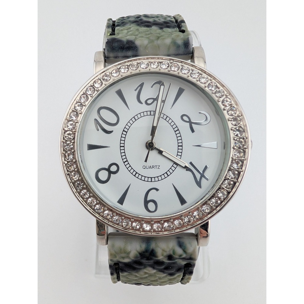 Women's Quartz Watch 41mm Case Rhinestone Bezel Black/Gray Silicone Band Working